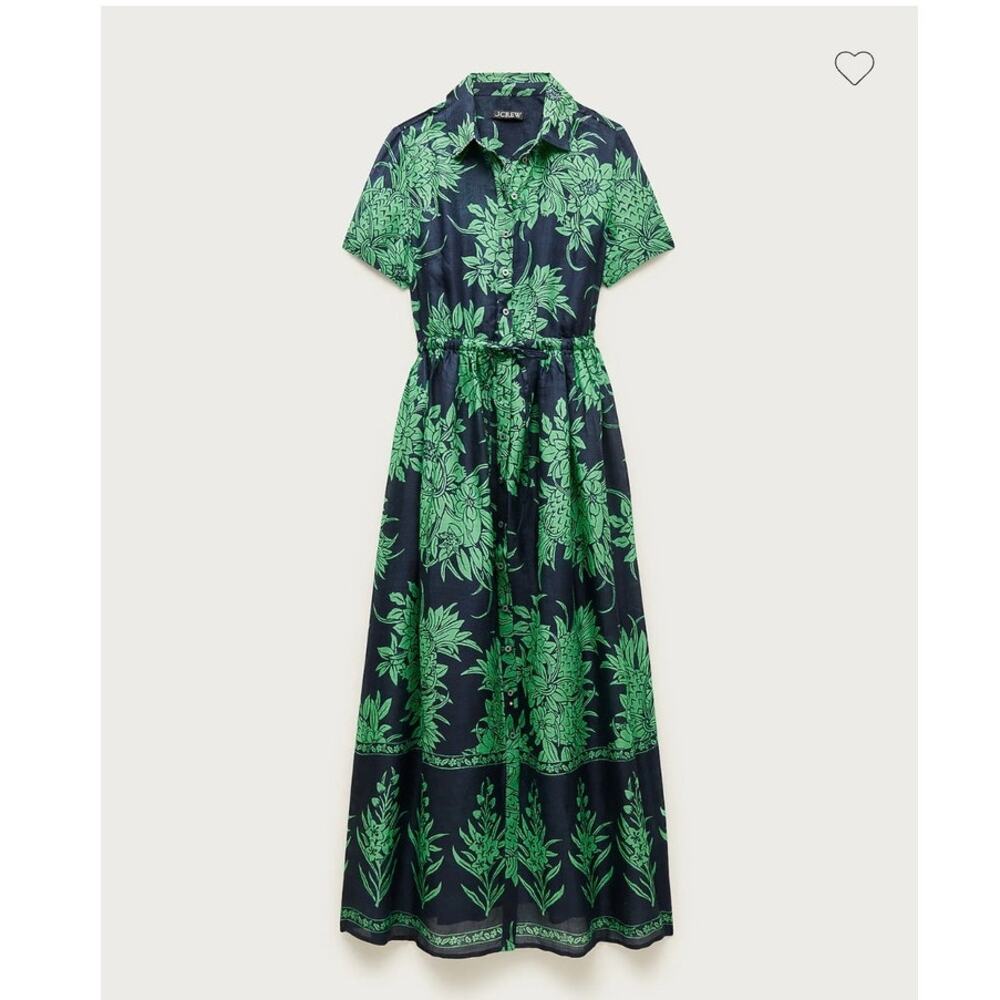 NWT J. Crew Petite Cerise Shirt-Dress In Pineapple-Print Ramie Navy Matcha 6